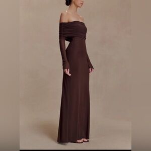 Meshki Off-Shoulder Long Sleeve Maxi Dress in Chocolate Brown